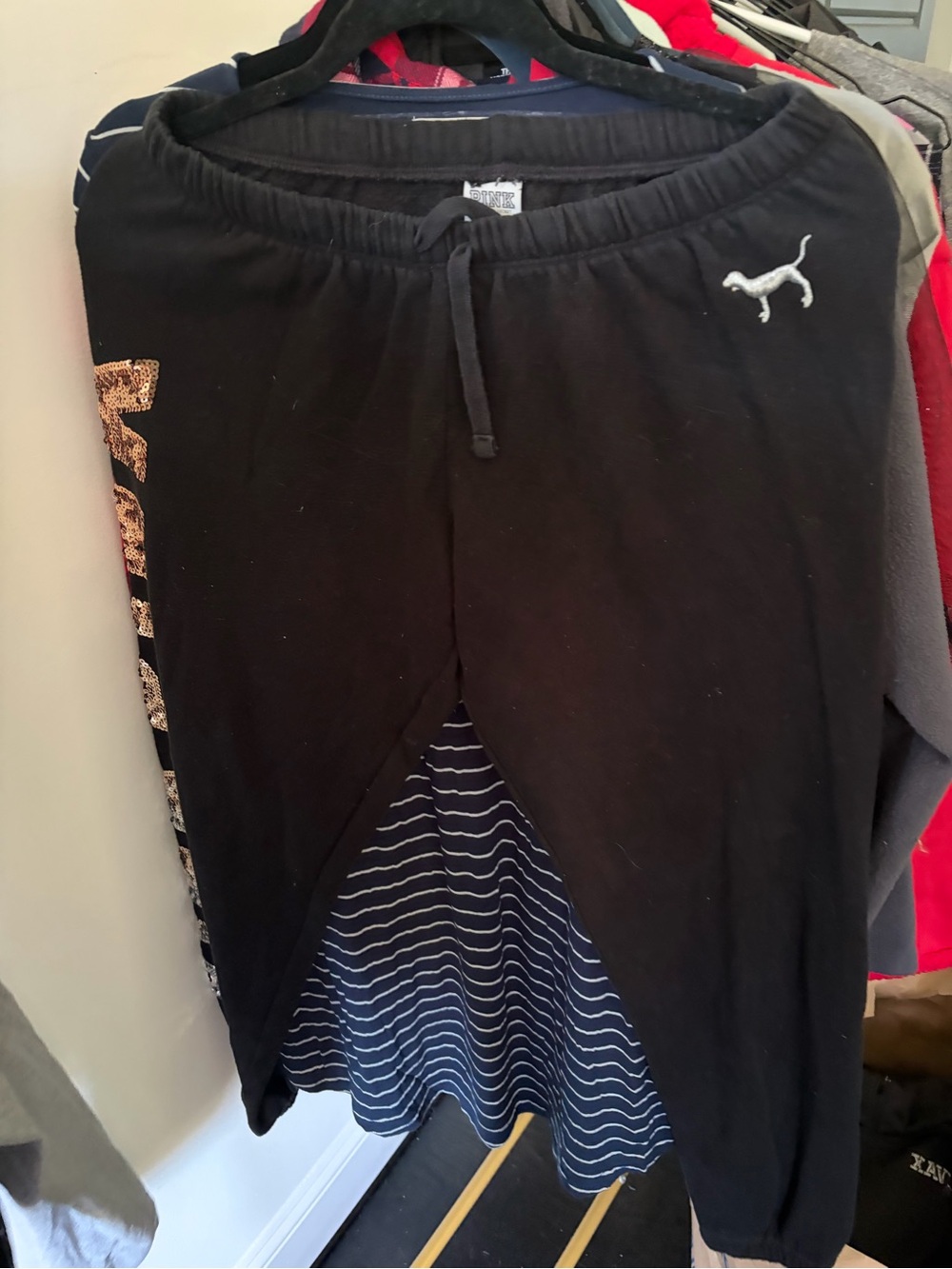 PINK Victoria's Secret Black Track Joggers with White Dog Logo small